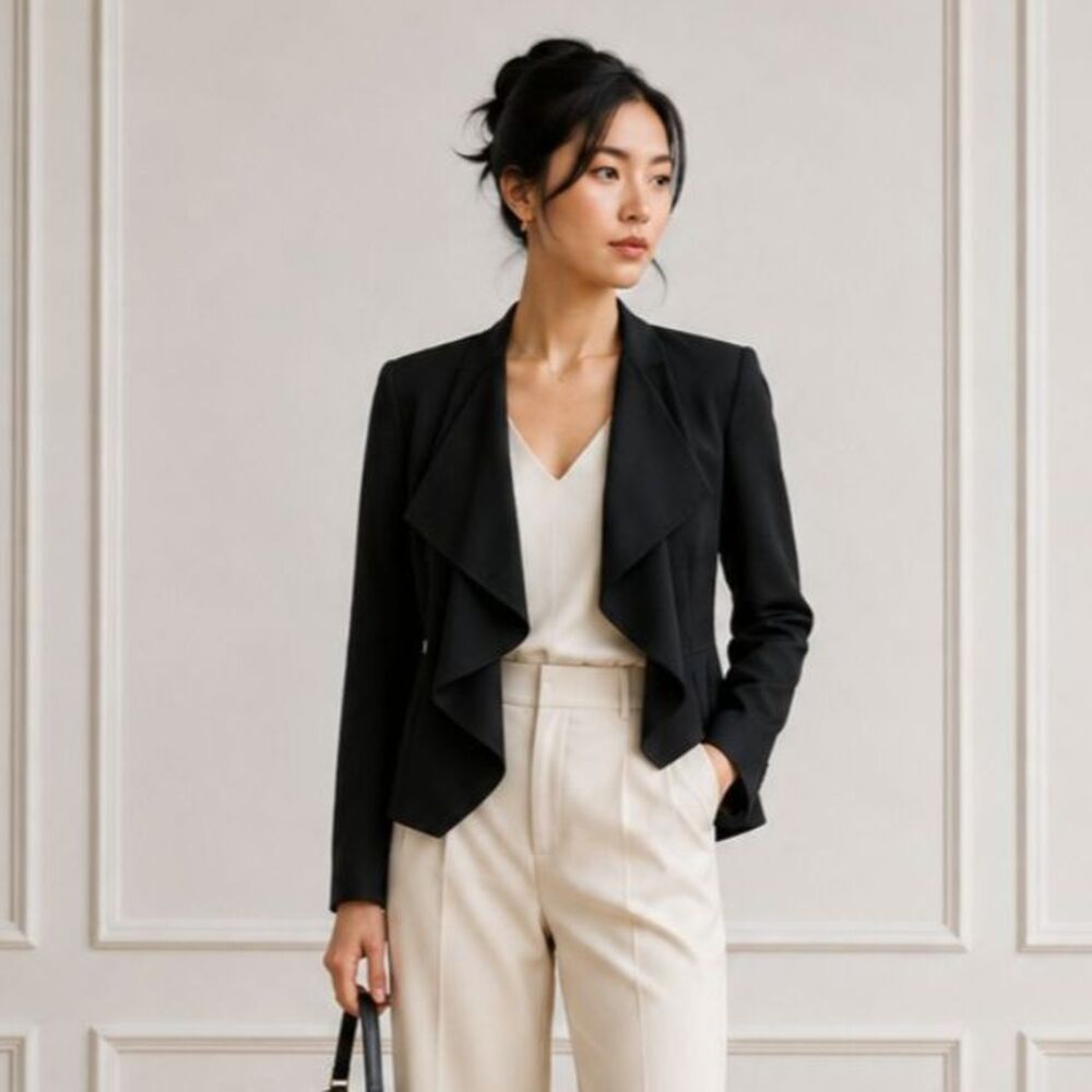Vintage Cache Black Open Front Blazer Women’s 8 Ruffled Dressy Suit Jacket